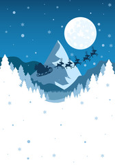 Santa Claus flies over the winter mountain landscape, vector art illustration.