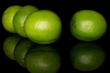 Group of four whole arranged sour green lime isolated on black glass