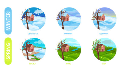 Icons Of Six Months Of The Year, Spring And Winter Seasons Vector Illustration Set Isolated On White Background