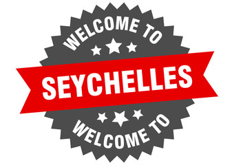 Seychelles sign. welcome to Seychelles red sticker