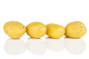 Group of four whole pale yellow potato isolated on white background