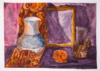 Drawing watercolor still life - jug and mirror