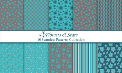 Flowers & Stars Set of 10 Simple Seamless Patterns in Blue & Earty Brown Color; For Backgrounds, Wallpapers, Fabrics etc.