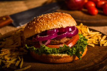 Delicious hamburger with vegetables and meat