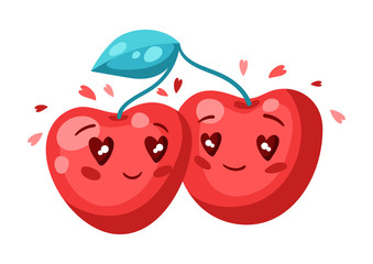 Cute couple of cherries in love. Valentine Day greeting card.
