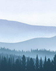 Obraz premium watercolor indigo foggy mountains misty forest moody blue aesthetic