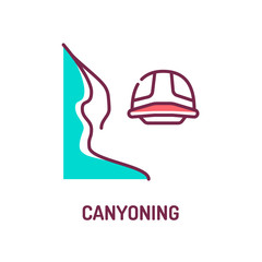 Canyoning color line icon on white background. Extreme. Canyon climbing. Descent into the canyon. Pictogram for web page, mobile app, promo. UI UX GUI design element. Editable stroke.