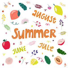 Summer lettering design with hand drawn doodle flowers, fruits and leaves.