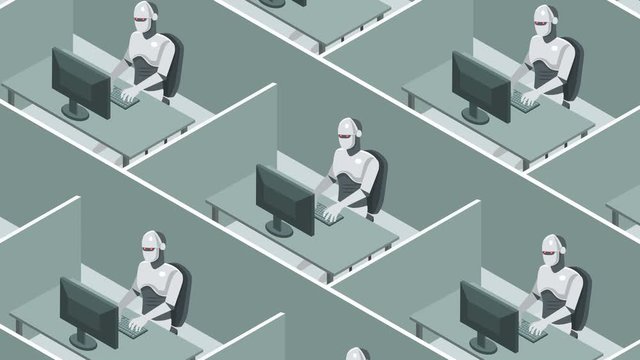 Cubicle office workspace with humanoid robots works on the computer