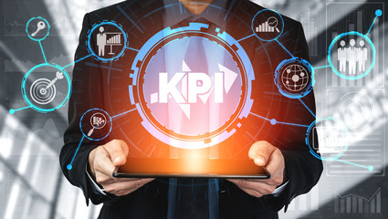 KPI Key Performance Indicator for Business Concept - Modern graphic interface showing symbols of...