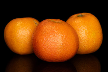 Group of three whole bright fresh orange mandarin isolated on black glass