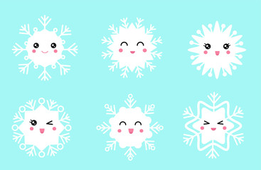 Cute set of white kawaii snowflakes.
