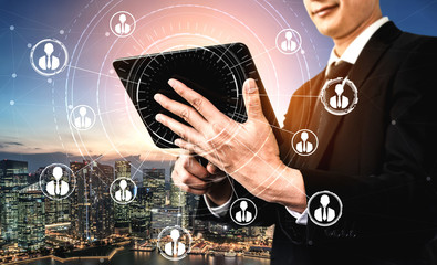 People network and global communication concept. Business people with modern graphic interface of...