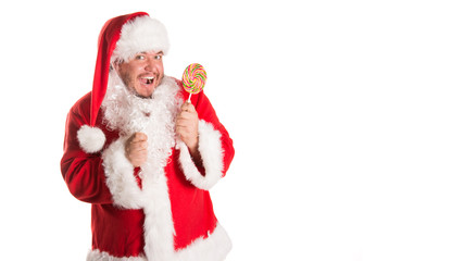 Holidays and weekends. Funny fat Santa Claus. White background.