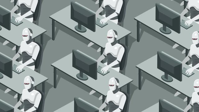 Humanoid robots works on the computer. Dystopian futuristic concept animation