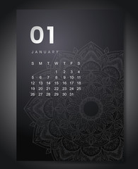 January 2020 monthly calendar with beautiful mandala design. Round pattern ornament for holiday event planner