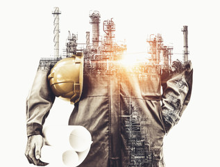 Future factory plant and energy industry concept in creative graphic design. Oil, gas and...