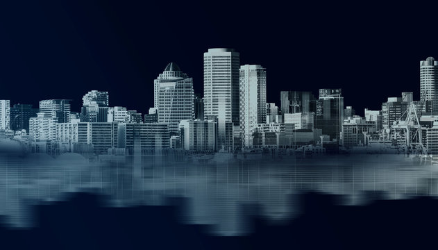 Abstract city building skyline metropolitan area in contemporary color style and futuristic effects. Real estate and property development. Innovative architecture and engineering concept.