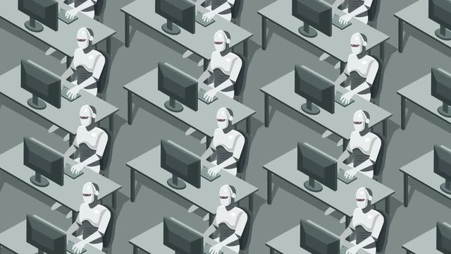 Humanoid artificial intelligence robots works on the computer. Futuristic cyber attack concept animation