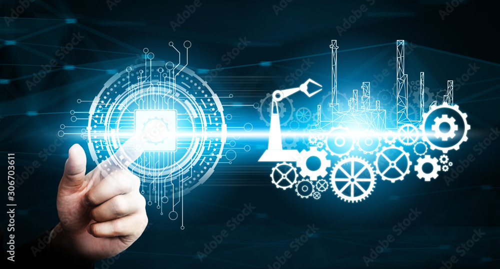 Poster futuristic industry 4.0 concept - engineering with graphic interface showing automation design, robo