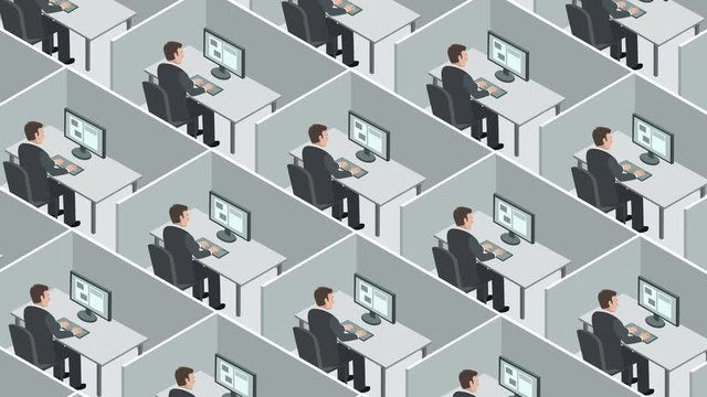 Isometric view of the cubicles room with identical clones man business concept