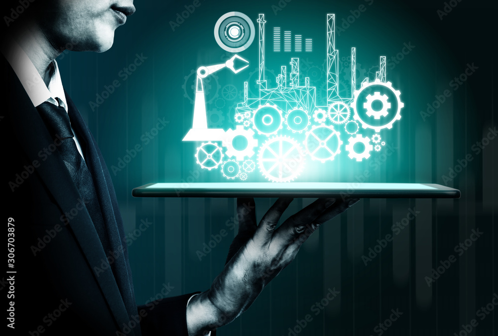 Poster futuristic industry 4.0 concept - engineering with graphic interface showing automation design, robo