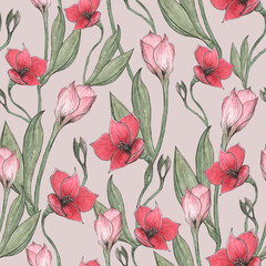 Flower pattern with red and pink flowers. Design for backgrounds, wallpapers, covers and packaging.