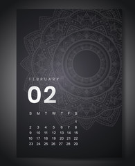 February 2020 monthly calendar with beautiful mandala design. Round pattern ornament for holiday event planner