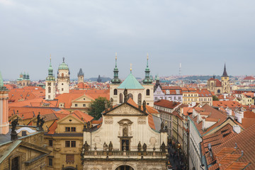 Naklejka na ściany i meble Top view of old town, red roofs skyline in Prague,Czech republic