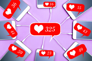 Social networking with mobile cellphones - Wifi connected people, technology.  Influence Marketing Word.