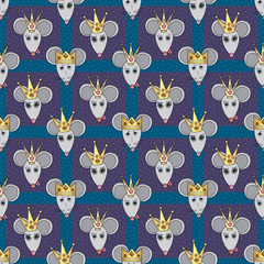 Rat characters vector seamless pattern. Mouse animals with crowns. Hand drawn cartoon funny pets background.