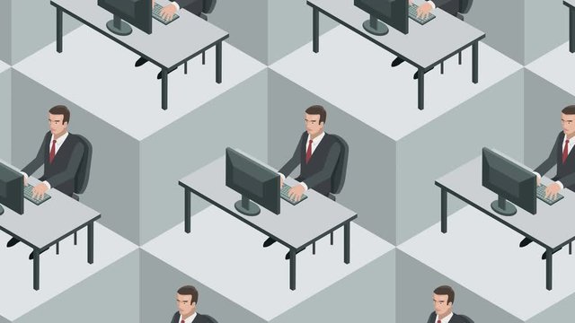 Isometric block office workplace with businessman clones