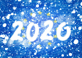 The 2020 New Year lettering is represented by a double exposure against a background of a children's drawing where she drew national flag of European Union