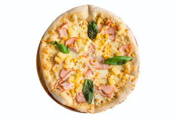 Pizza with cheese, pineapple and bacon isolated on white. Top view.