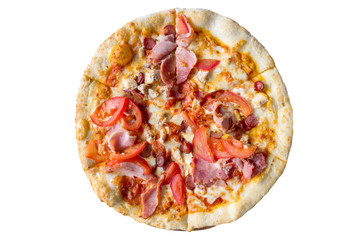Tasty pizza with tomatoes, mushrooms and bacon isolated on a white background. View from above.