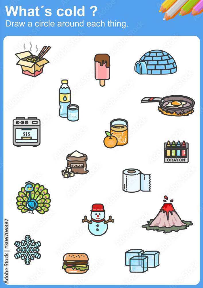Wall mural what´s cold ? draw a circle around each thing. - worksheet for education.