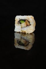 sushi rolls, traditional Japanese food (rice, nori and seafood) menu concept. food background. copy space. Top view