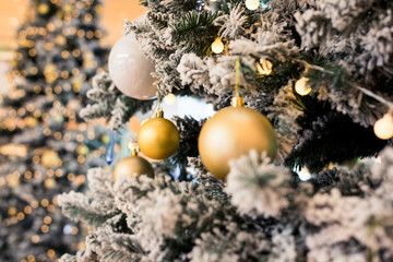 Christmas Trees with Christmas Balls in a Shopping Mall