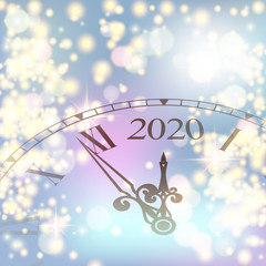 Happy New Year 2020 clock with a Roman dial a few minutes until midnight 2020. Merry Christmas greeting card in abstract shining blue background with glow vector illustration.