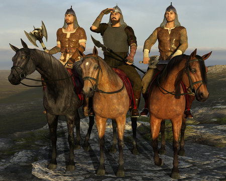 Three mounted epic knights in the fields. 3d render