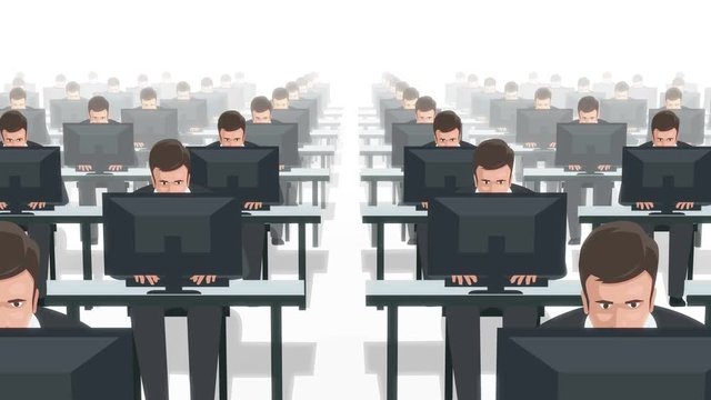 Identical clones business people hard works on the computers. Futuristic dystopian society concept