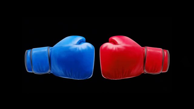 Animation Red and blue boxing gloves on black background.