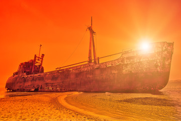 Side view of picturesque greek coastline with rusty shipwreck in Glyfada beach near Gytheio, Gythio...