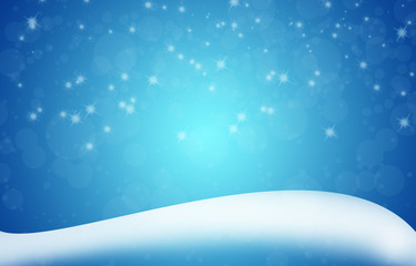 Blue pastel winter background with snow, trees and snowflakes.