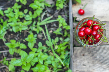 cherries in a transparent jar (red and ripe fruits, harvest) menu concept. food background. copy...
