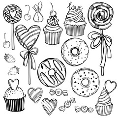 Hand drawn sweets and pastries for Valentine's Day. Vector sketch  illustration.