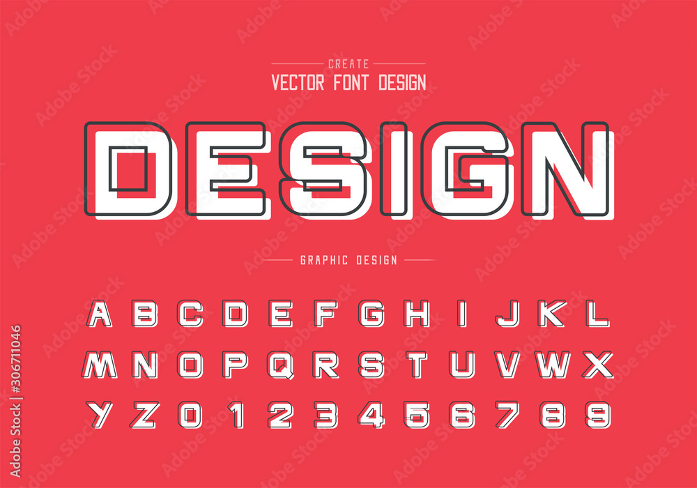 Poster line font with white shadow and round alphabet vector, design typeface letter and number