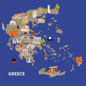 Stylized illustrated map of Greece. Vector design in handdrawn style.