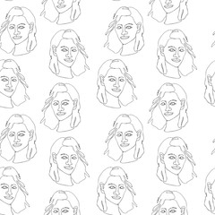 Seamless pattern with outline silhouette of woman face. Modern avant- garde poster.Black  silhouette on white  background. Trendy minimalistic faces.