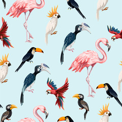 Seamless pattern with junngle bird such as flamingo, parrot, toucan. Vector.